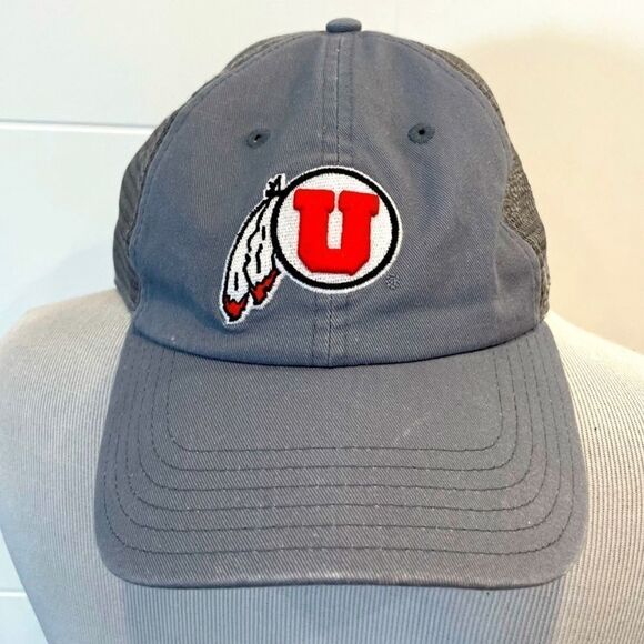 Gently used. Gray ball cap. Mesh back, snap back. Red drum and feather. - Picture 1 of 8